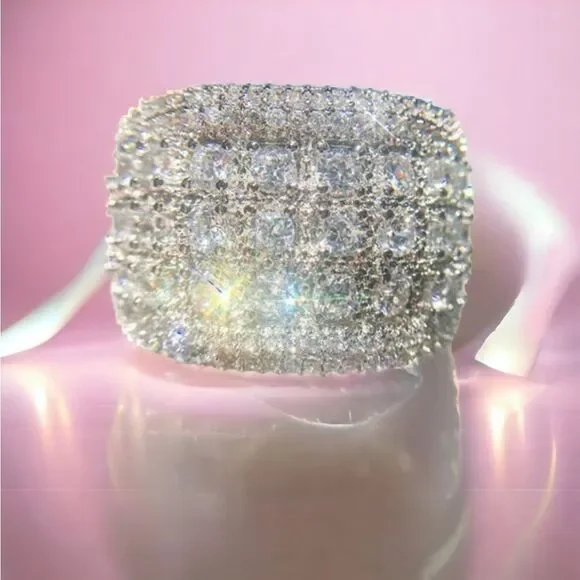 🧊💍Wide Luxurious Silver CZ Diamond 5-Row Sparkle Band Statement Cocktail Ring - Picture 12 of 17